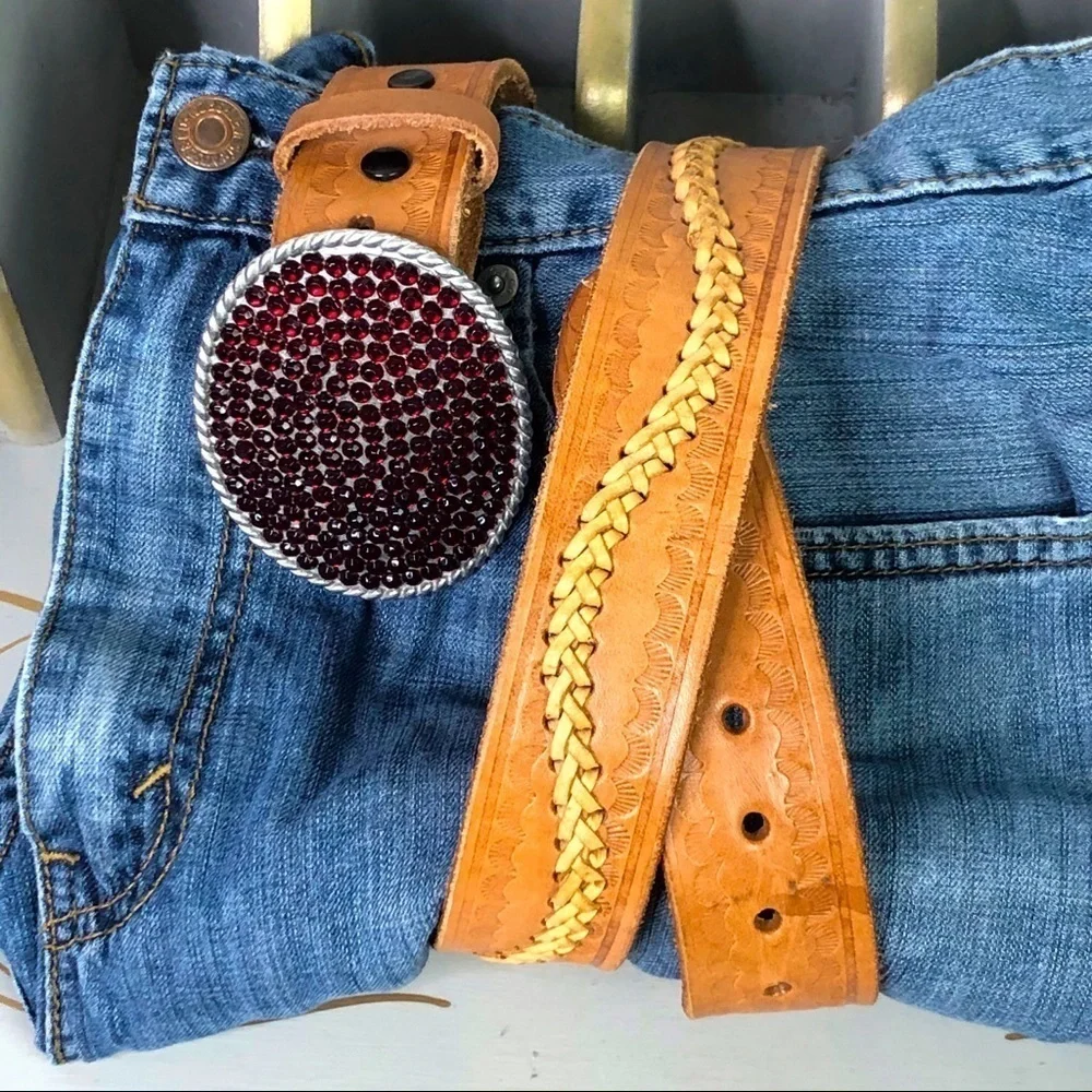 RED rhinestone tan leather woven belt